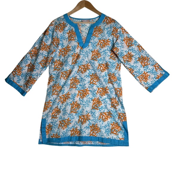 Top It Off Women's Tunic Shirt Sz‎ S Coverup Top Coral Reef Design Blue Orange - Picture 1 of 9